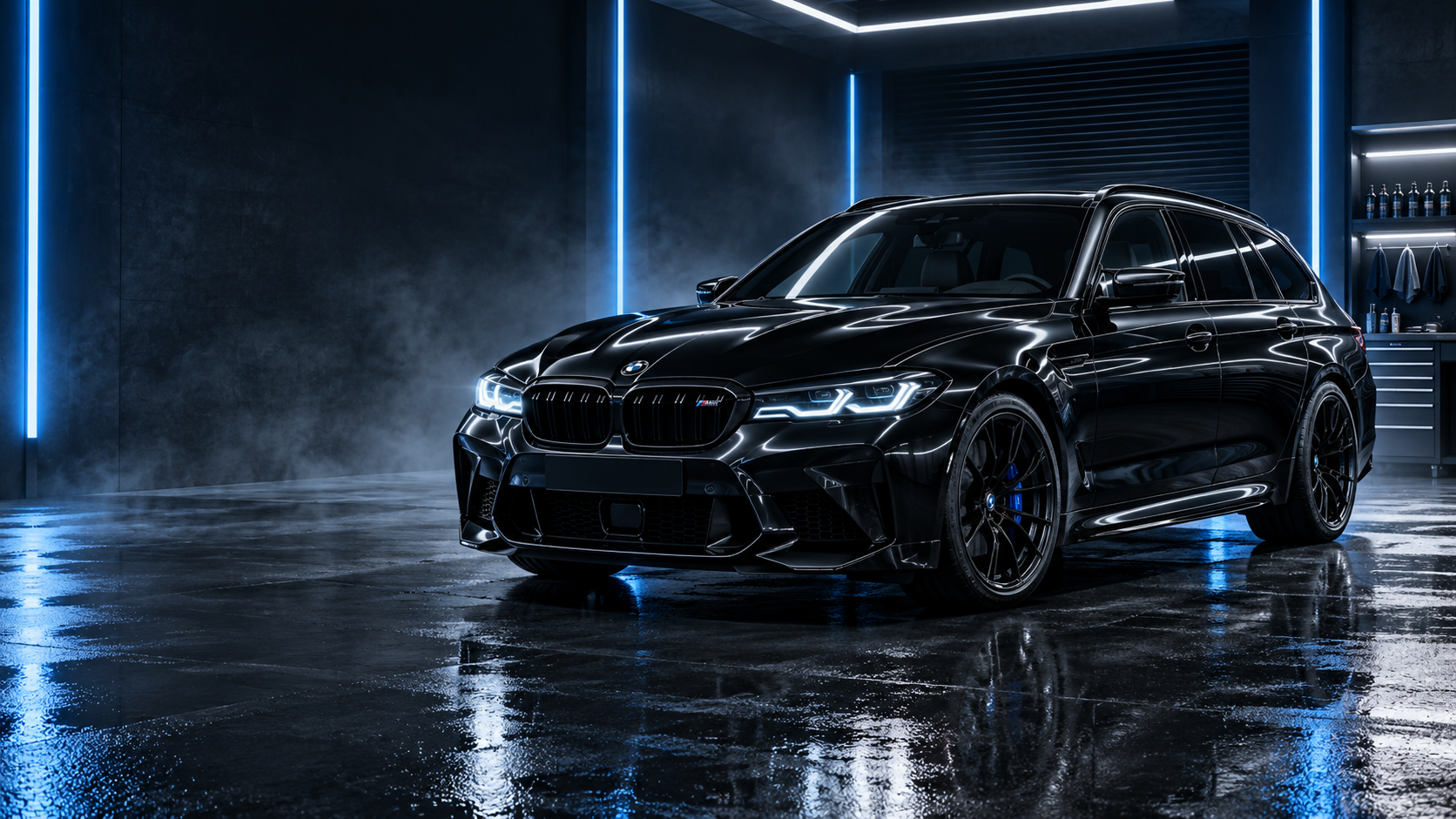 Freshly detailed black performance touring car in a premium studio